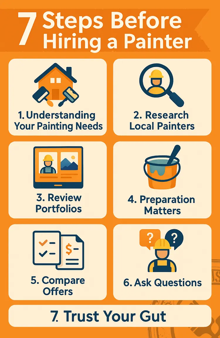 7-steps-to-hire-the-right-house-painter-north-shore-auckland Graphic showing 7 steps to hire the right house painter in North Shore, Auckland for residential painting projects.